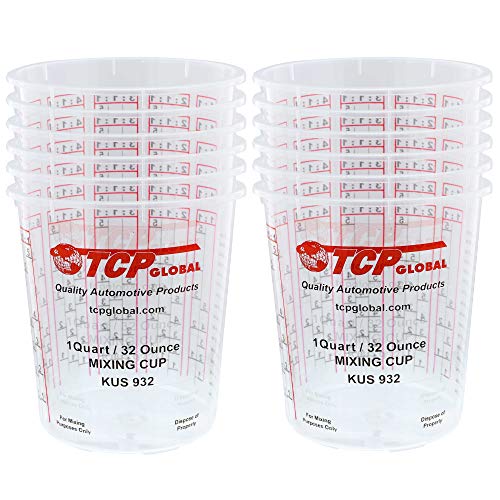Custom Shop Pack of 12 Each 32 Ounce Paint Mix Cups with calibrated Mixing ratios on Side of Cup